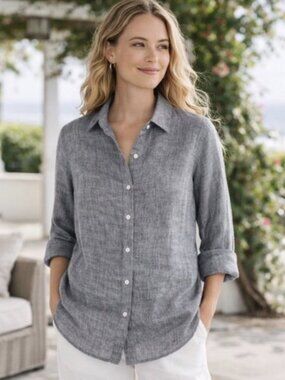 J. Jill Love 100% Linen Charcoal Gray Long Sleeve Button Up Shirt Sz M/ P Preppy